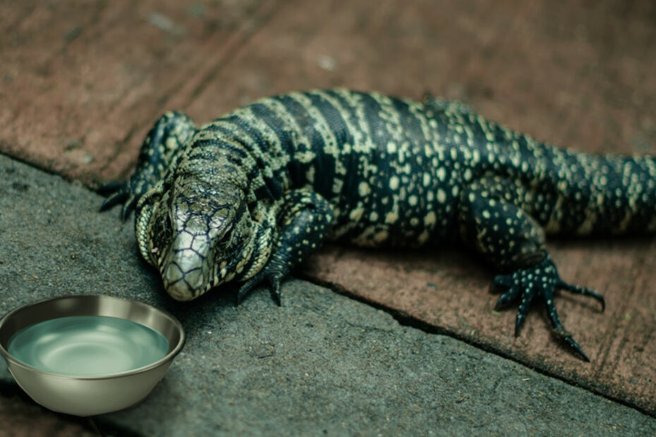 Tegu lizard drinking water from a pet bowl.