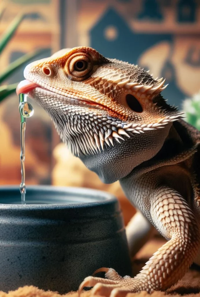 Bearded Dragon Sipping Water from Pet Bowl