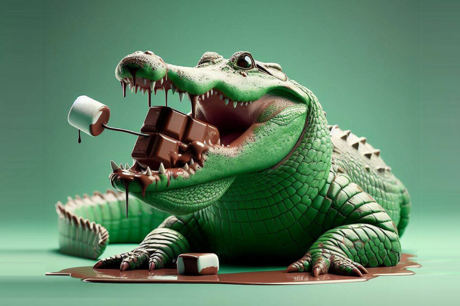 تمساح يأكل أعشاب من الفصيلة الخبازية مغطاة بالشوكولاتة