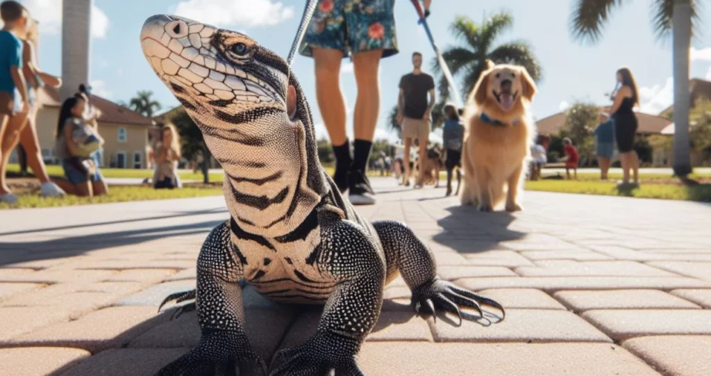 Walking a pet tegu outside in Florida