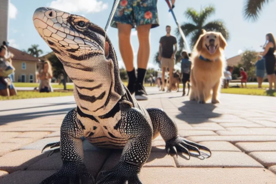 Gassigehen mit einem Haustier-Tegu draußen in Florida