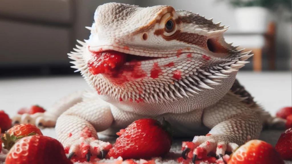 Bearded dragon eating strawberries