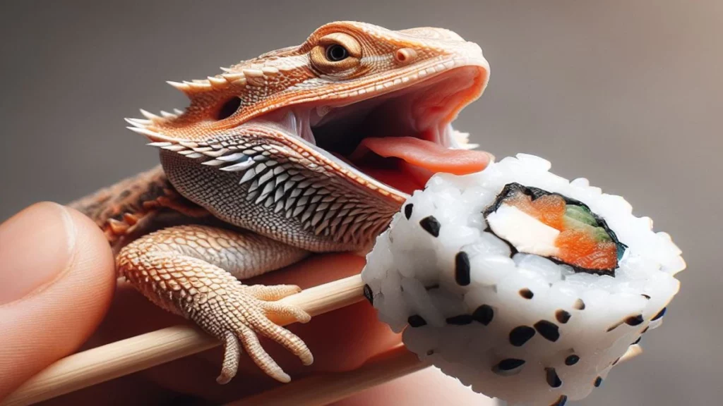 Bearded dragon eating sushi