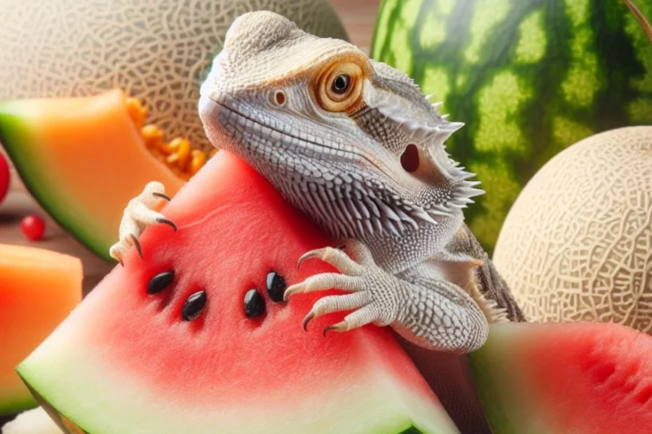 Bearded dragon eating watermelon