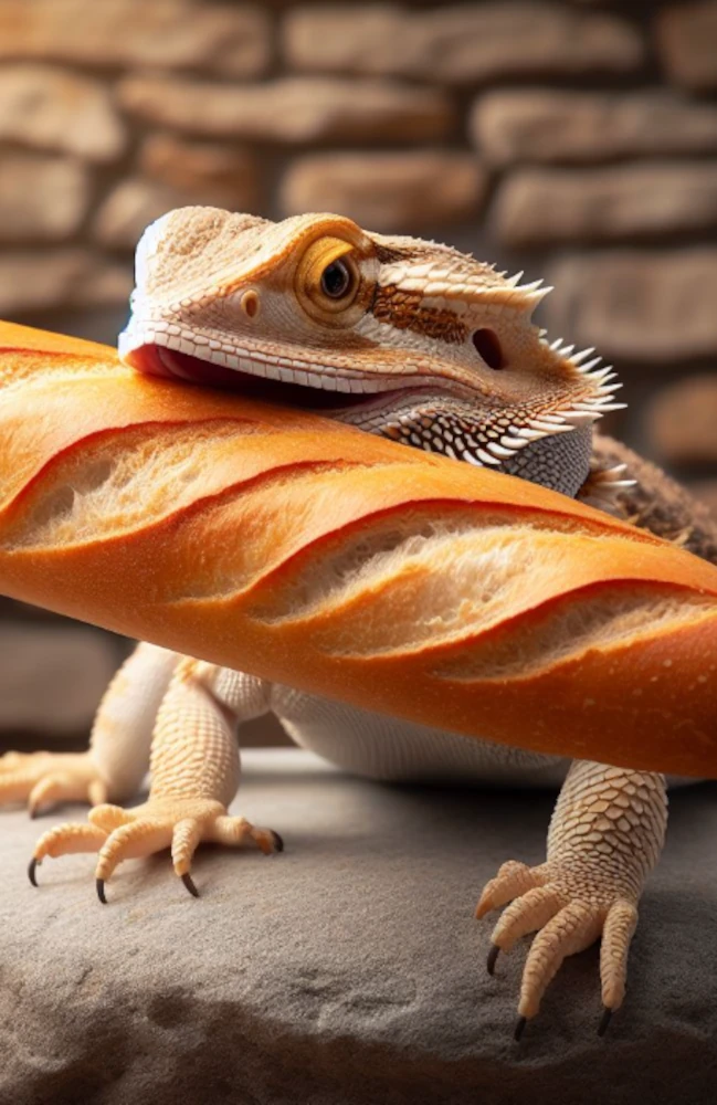 Bearded dragon with baguette