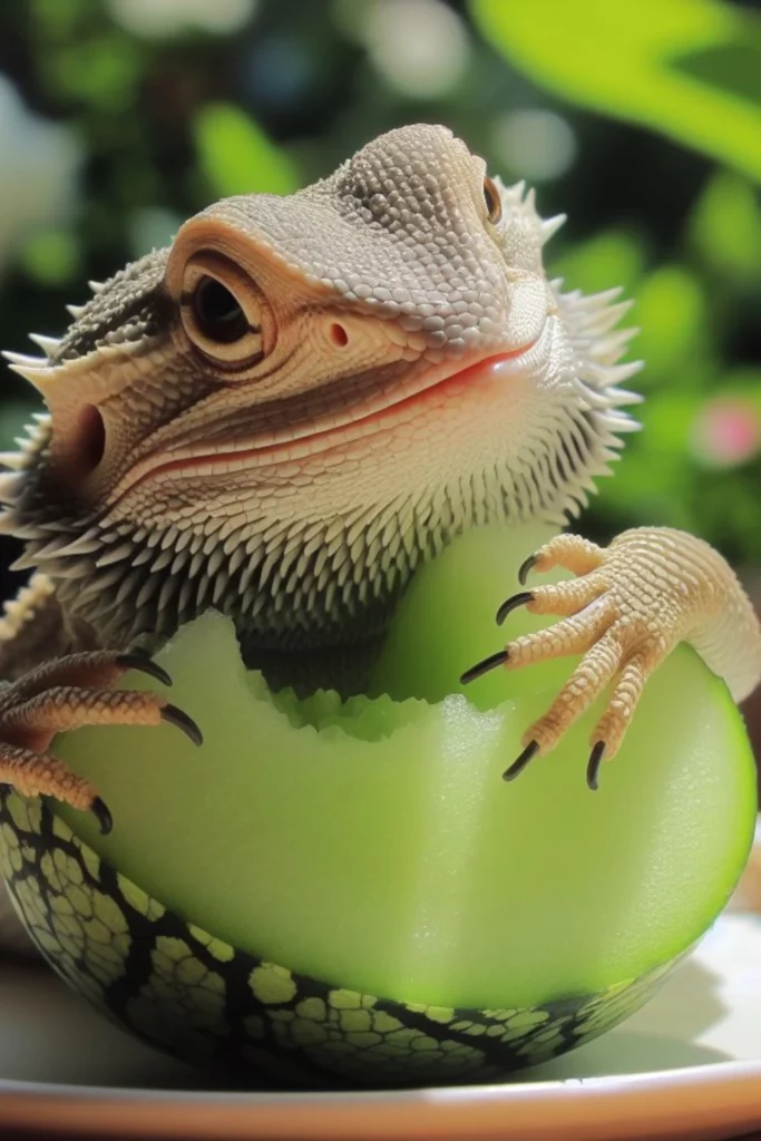 Bearded dragon with honeydew melon