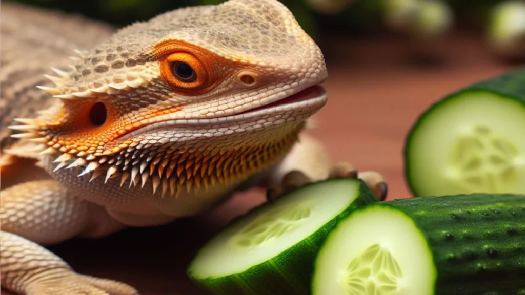 Bearded dragon with cucumber