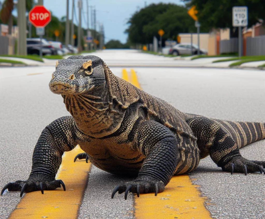 Unlikely sight: a Komodo dragon freely roaming the streets of Florida.