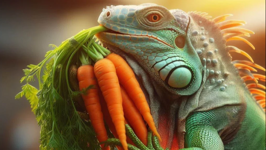 Iguana eating carrot tops