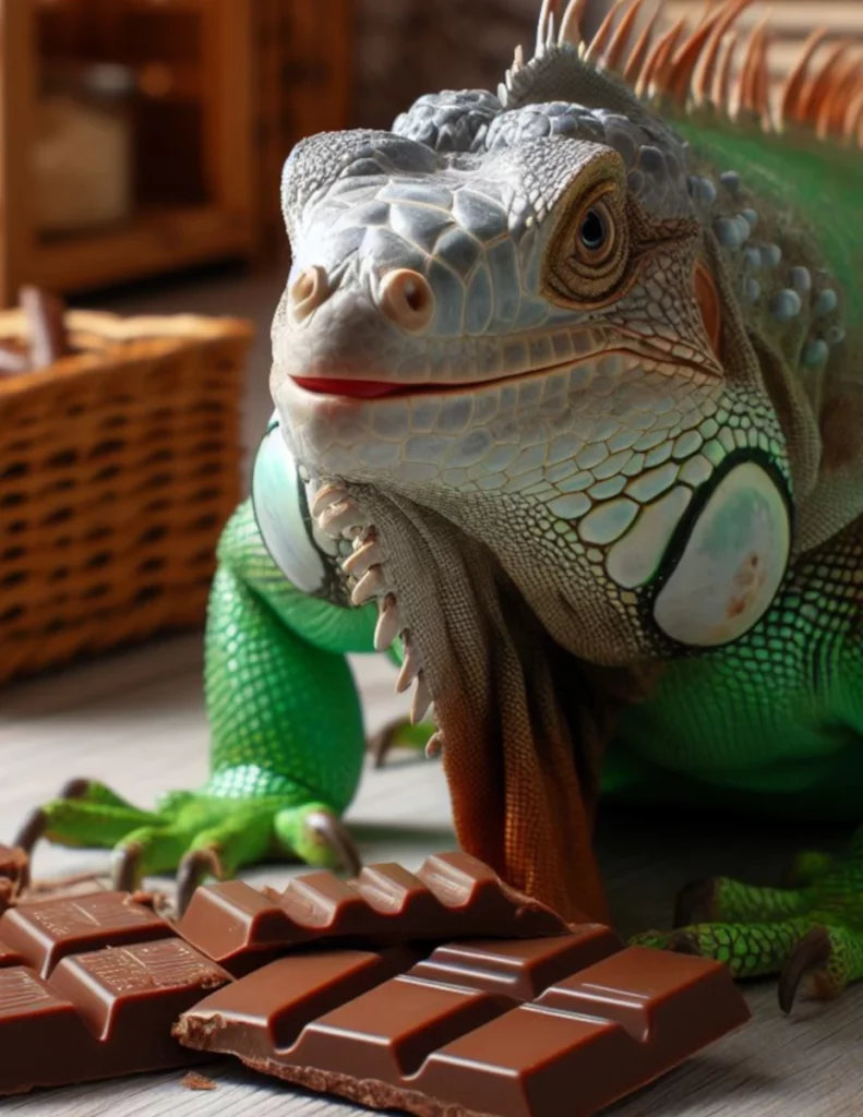 Green iguana with chocolate