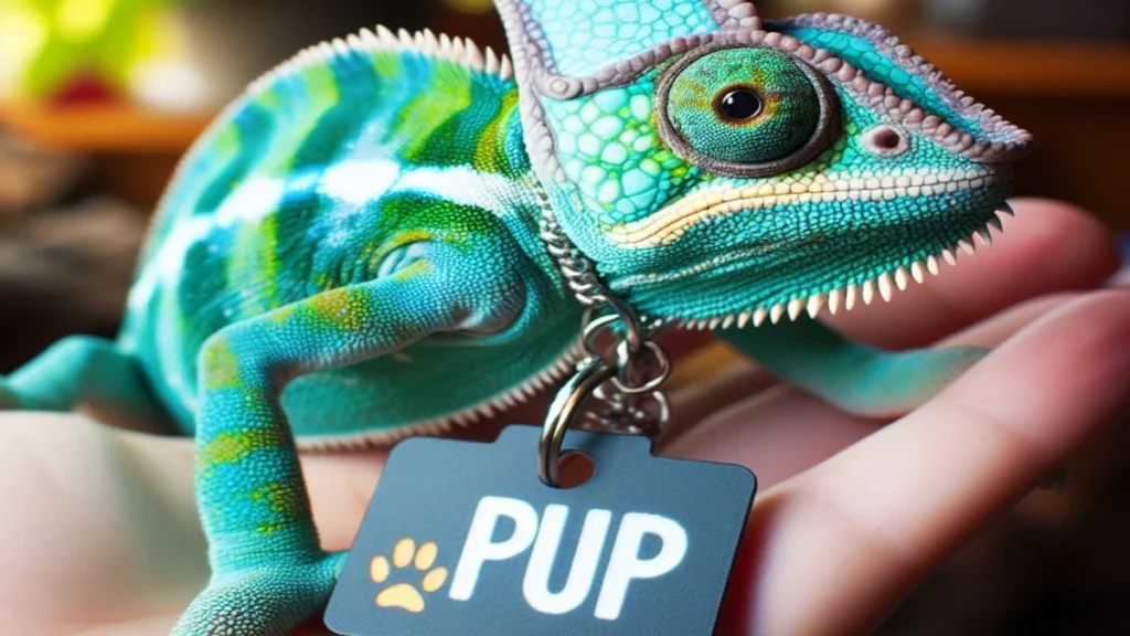 Pet chameleon with name tag