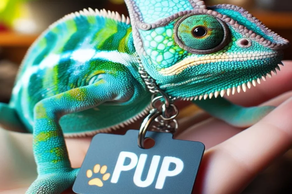 Pet chameleon with name tag