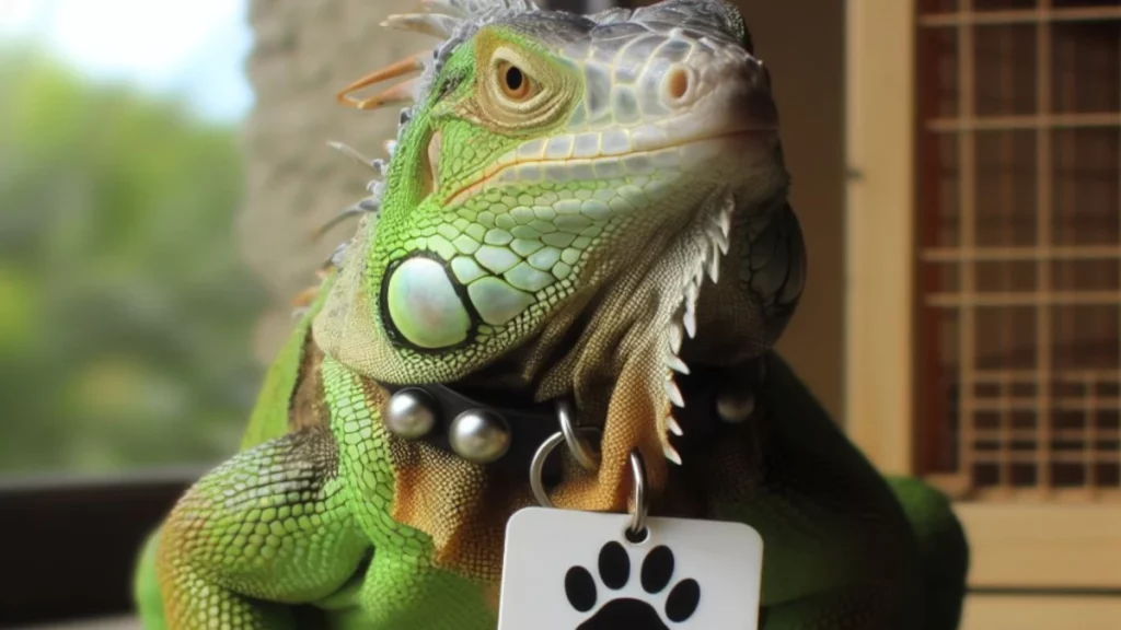 Pet green iguana with name tag