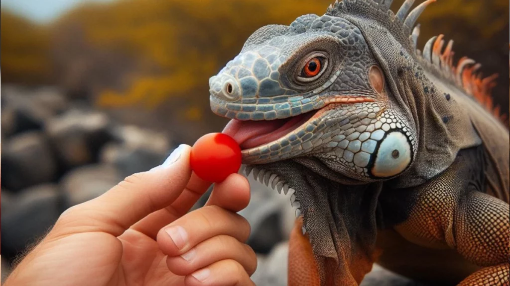 Rock iguana eating cherry tomato
