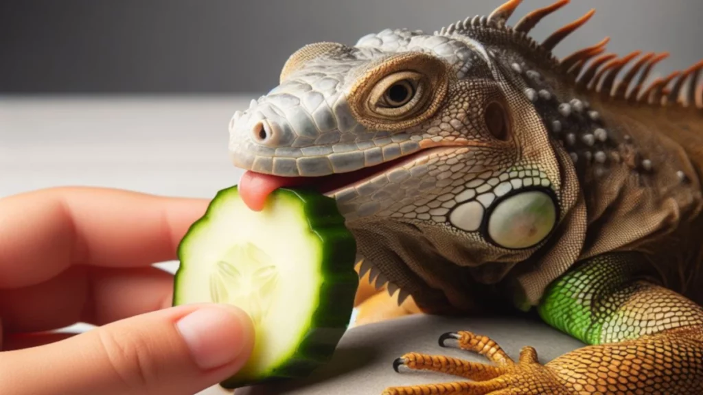Pet iguana eating a cucumber slice