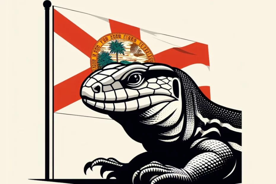 Tegu with the flag of Florida