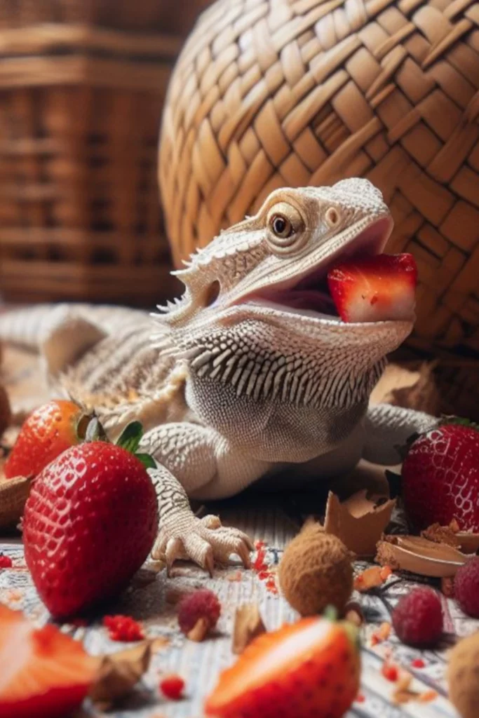 White bearded dragon with strawberries